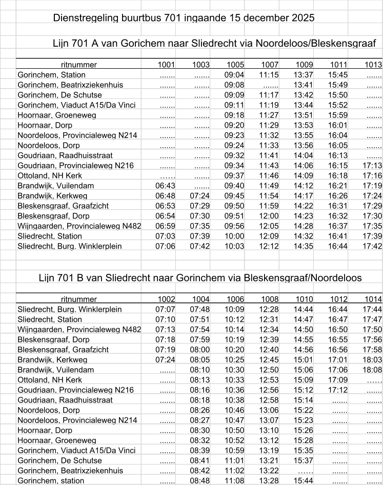 ritnummer 1001 1003 1005 1007 1009 1011 1013 Gorinchem, Station ....... ....... 09:04 11:15 13:37 15:45 ....... Gorinchem, Beatrixziekenhuis ....... ....... 09:08 ....... 13:41 15:49 ....... Gorinchem, De Schutse ....... ....... 09:09 11:17 13:42 15:50 ....... Gorinchem, Viaduct A15/Da Vinci ....... ....... 09:11 11:19 13:44 15:52 ....... Hoornaar, Groeneweg ....... ....... 09:18 11:27 13:51 15:59 ....... Hoornaar, Dorp ....... ....... 09:20 11:29 13:53 16:01 ....... Noordeloos, Provincialeweg N214 ....... ....... 09:23 11:32 13:55 16:04 ....... Noordeloos, Dorp ....... ....... 09:24 11:33 13:56 16:05 ....... Goudriaan, Raadhuisstraat ....... ....... 09:32 11:41 14:04 16:13 ....... Goudriaan, Provincialeweg N216 ....... ....... 09:34 11:43 14:06 16:15 17:13 Ottoland, NH Kerk   …… ....... 09:37 11:46 14:09 16:18 17:16 Brandwijk, Vuilendam 06:43 ....... 09:40 11:49 14:12 16:21 17:19 Brandwijk, Kerkweg 06:48 07:24 09:45 11:54 14:17 16:26 17:24 Bleskensgraaf, Graafzicht 06:53 07:29 09:50 11:59 14:22 16:31 17:29 Bleskensgraaf, Dorp 06:54 07:30 09:51 12:00 14:23 16:32 17:30 Wijngaarden, Provincialeweg N482 06:59 07:35 09:56 12:05 14:28 16:37 17:35 Sliedrecht, Station 07:03 07:39 10:00 12:09 14:32 16:41 17:39 Sliedrecht, Burg. Winklerplein 07:06 07:42 10:03 12:12 14:35 16:44 17:42 ritnummer 1002 1004 1006 1008 1010 1012 1014 Sliedrecht, Burg. Winklerplein 07:07 07:48 10:09 12:28 14:44 16:44 17:44 Sliedrecht, Station 07:10 07:51 10:12 12:31 14:47 16:47 17:47 Wijngaarden, Provincialeweg N482 07:13 07:54 10:14 12:34 14:50 16:50 17:50 Bleskensgraaf, Dorp 07:18 07:59 10:19 12:39 14:55 16:55 17:56 Bleskensgraaf, Graafzicht 07:19 08:00 10:20 12:40 14:56 16:56 17:58 Brandwijk, Kerkweg 07:24 08:05 10:25 12:45 15:01 17:01 18:03 Brandwijk, Vuilendam ....... 08:10 10:30 12:50 15:06 17:06 18:08 Ottoland, NH Kerk ....... 08:13 10:33 12:53 15:09 17:09   …… Goudriaan, Provincialeweg N216 ....... 08:16 10:36 12:56 15:12 17:12 ....... Goudriaan, Raadhuisstraat ....... 08:18 10:38 12:58 15:14 ....... ....... Noordeloos, Dorp ....... 08:26 10:46 13:06 15:22 ....... ....... Noordeloos, Provincialeweg N214 ....... 08:27 10:47 13:07 15:23 ....... ....... Hoornaar, Dorp ....... 08:30 10:50 13:10 15:26 ....... ....... Hoornaar, Groeneweg ....... 08:32 10:52 13:12 15:28 ....... ....... Gorinchem, Viaduct A15/Da Vinci ....... 08:39 10:59 13:19 15:35 ....... ....... Gorinchem, De Schutse ....... 08:41 11:01 13:21 15:37 ....... ....... Gorinchem, Beatrixziekenhuis ....... 08:42 11:02 13:22   …… ....... ....... Gorinchem, station ....... 08:48 11:08 13:28 15:44 ....... ....... Dienstregeling buurtbus 701 ingaande 15 december 2025     Lijn 701 A van Gorichem naar Sliedrecht via Noordeloos/Bleskensgraaf Lijn 701 B van Sliedrecht naar Gorinchem via Bleskensgraaf/Noordeloos